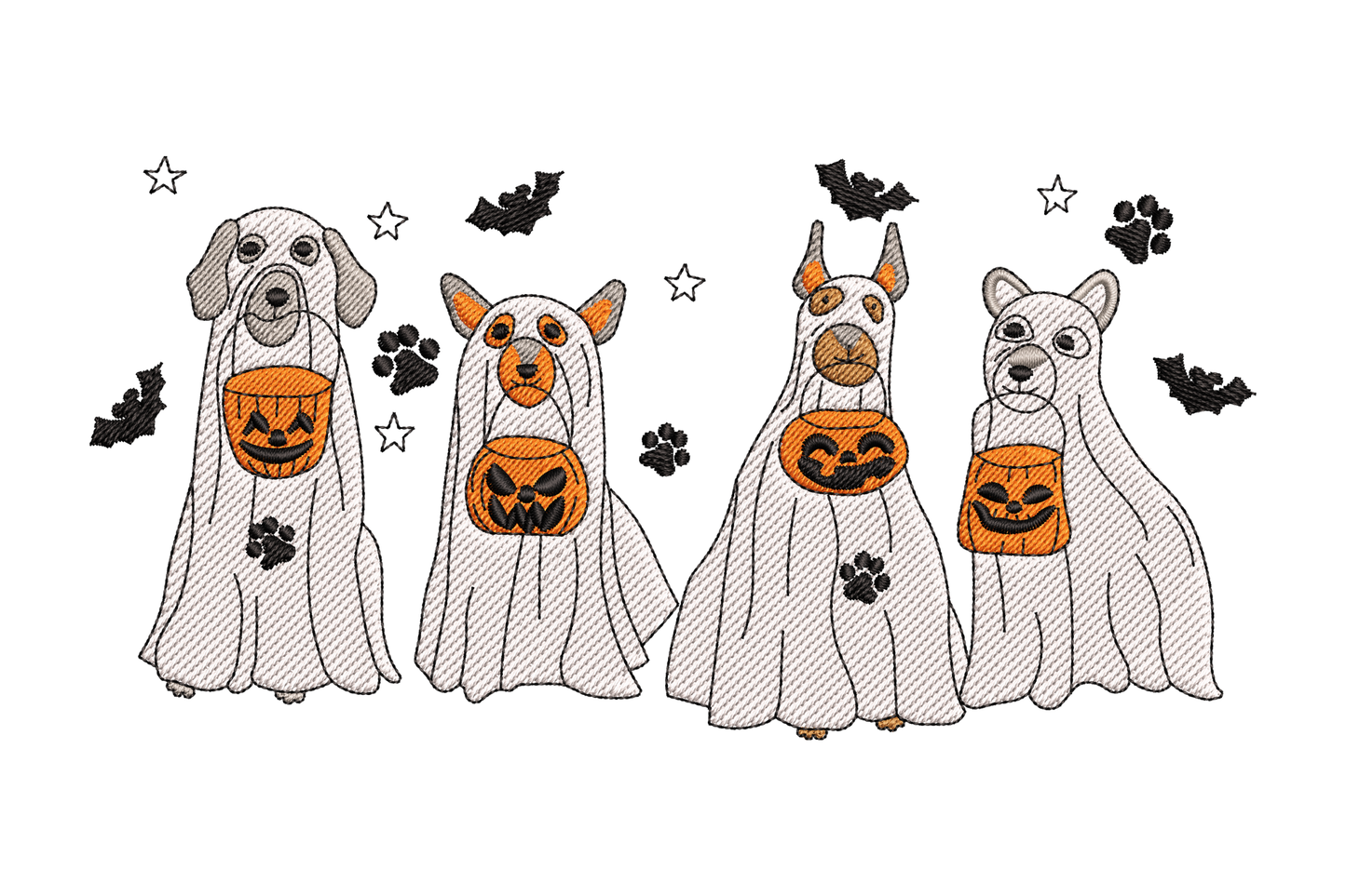 Ghost dog squad halloween embroidery design, four dogs in ghost costumes holding jack-o-lantern buckets, bats and stars, 6 colours.