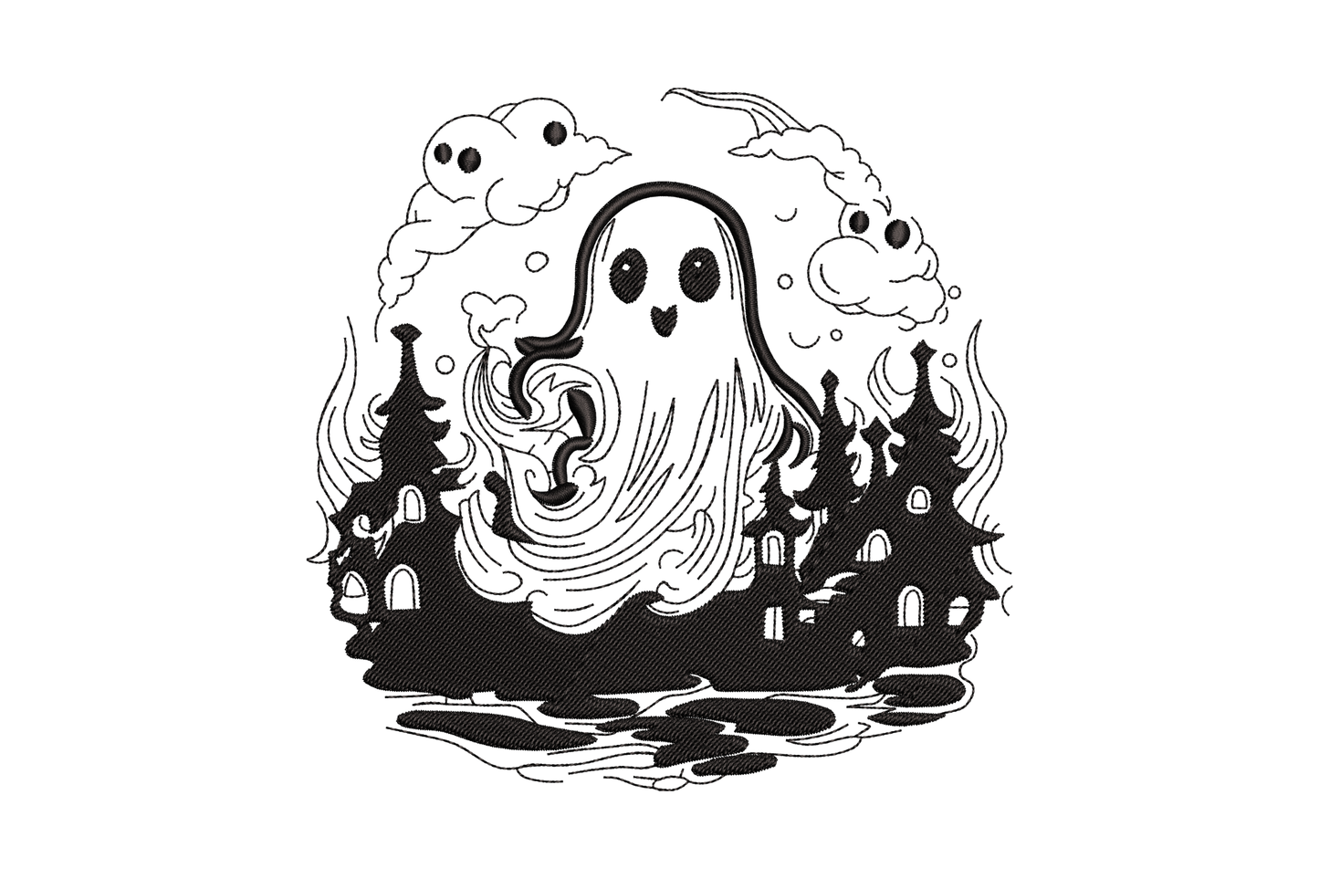 Ghost over haunted village embroidery design, ghost above haunted houses slate grey thread on cream cotton tee