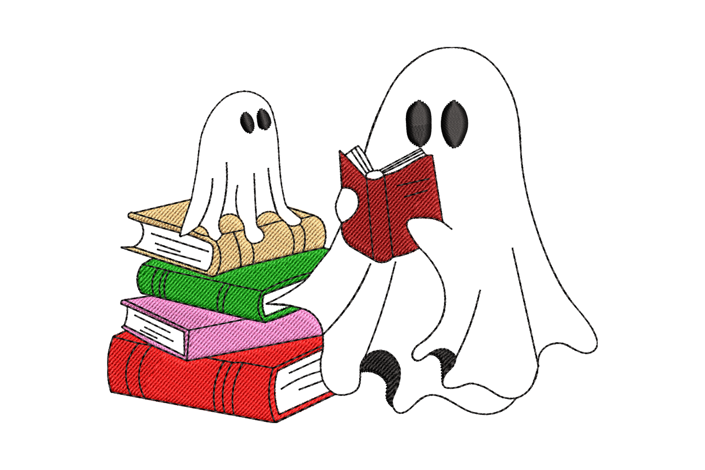 Ghost reading books Halloween embroidery design, white ghost sitting on colourful stacked books with red and black stitching.