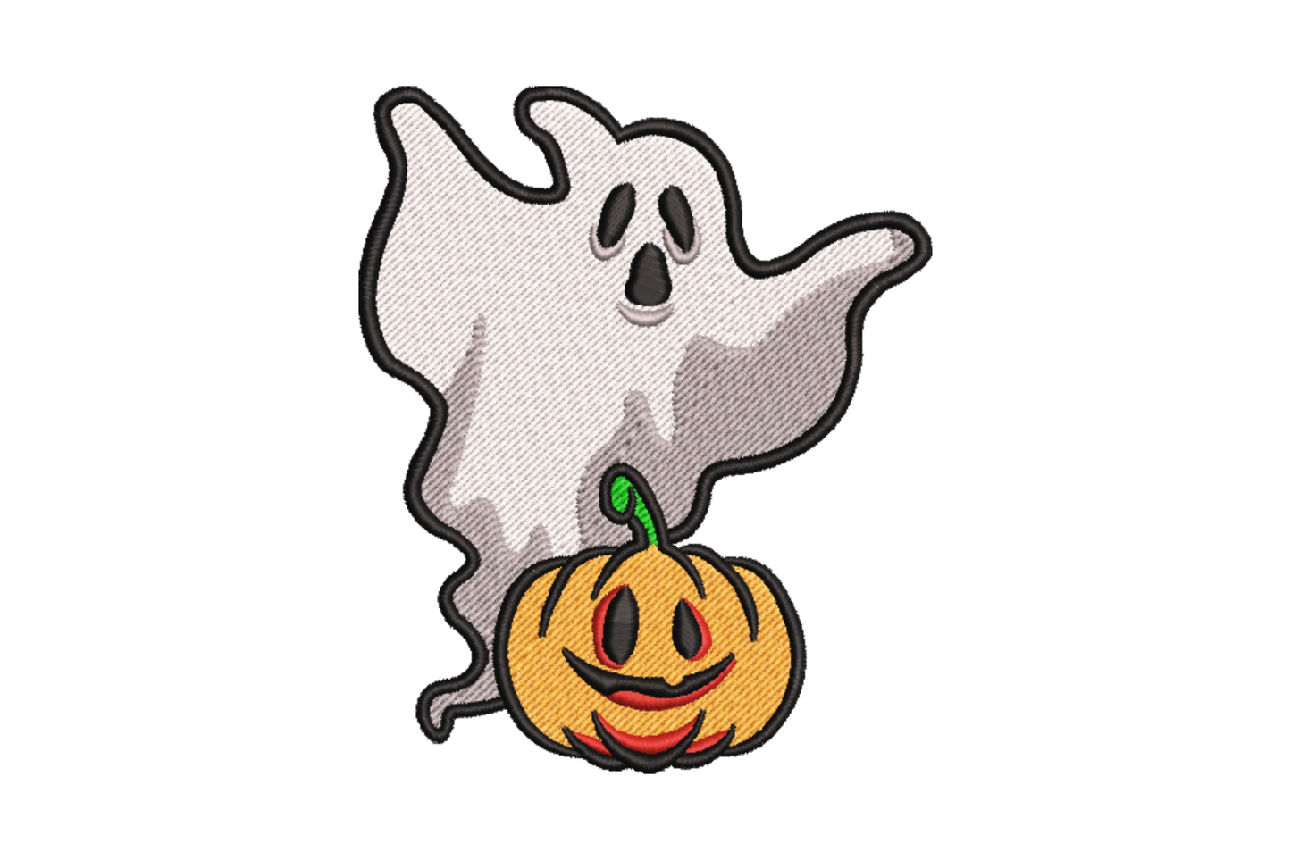 Halloween ghost holding a pumpkin machine embroidery design, cartoon spooky ghost with jack-o-lantern, 6 colours, 4 sizes from 2.01 to 5.01 inches wide