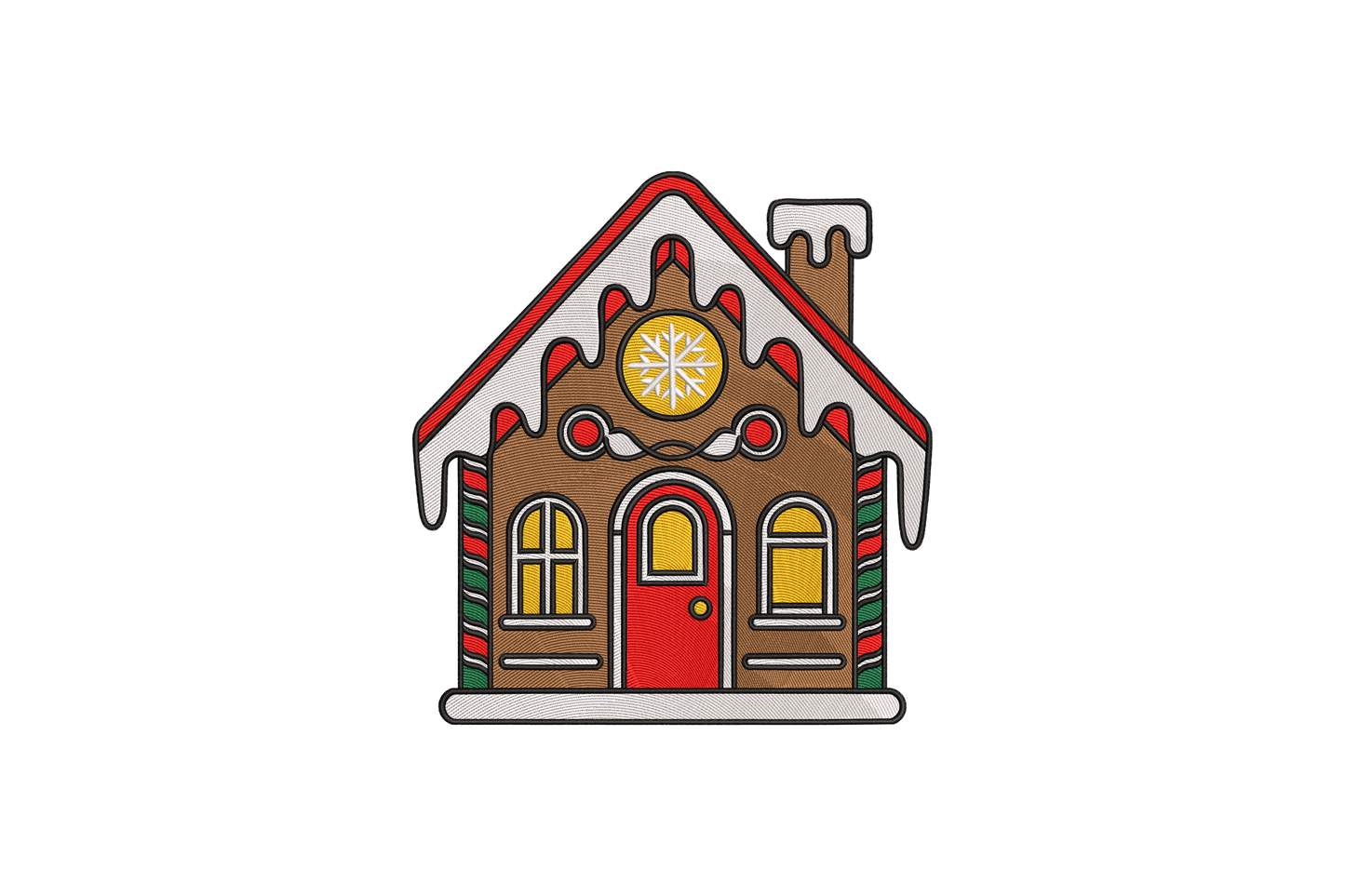 Illustration of a gingerbread house with a red door embroidery design