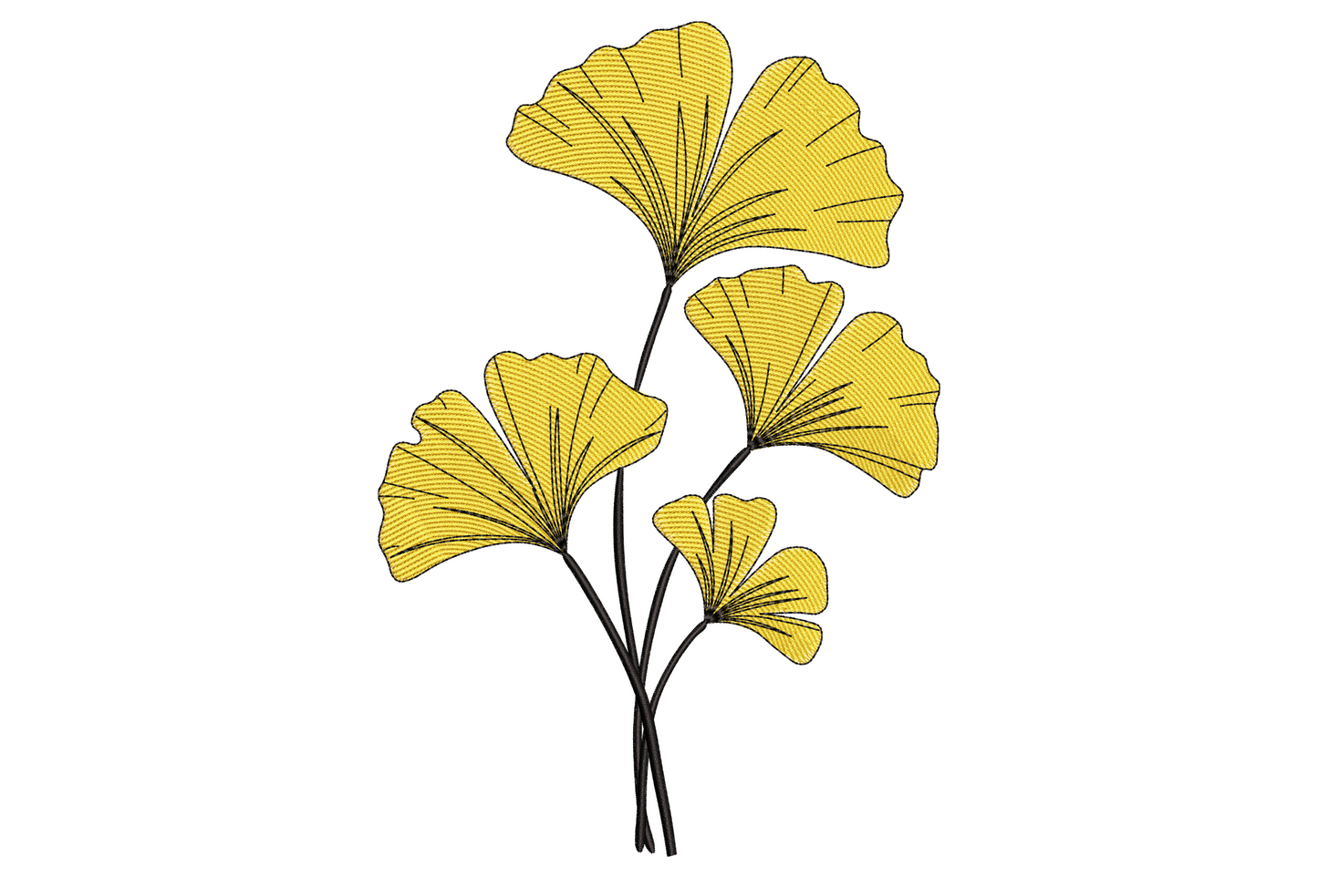 Ginkgo leaf branch embroidery with six fan-shaped leaves in warm golden yellow on a black branching stem.