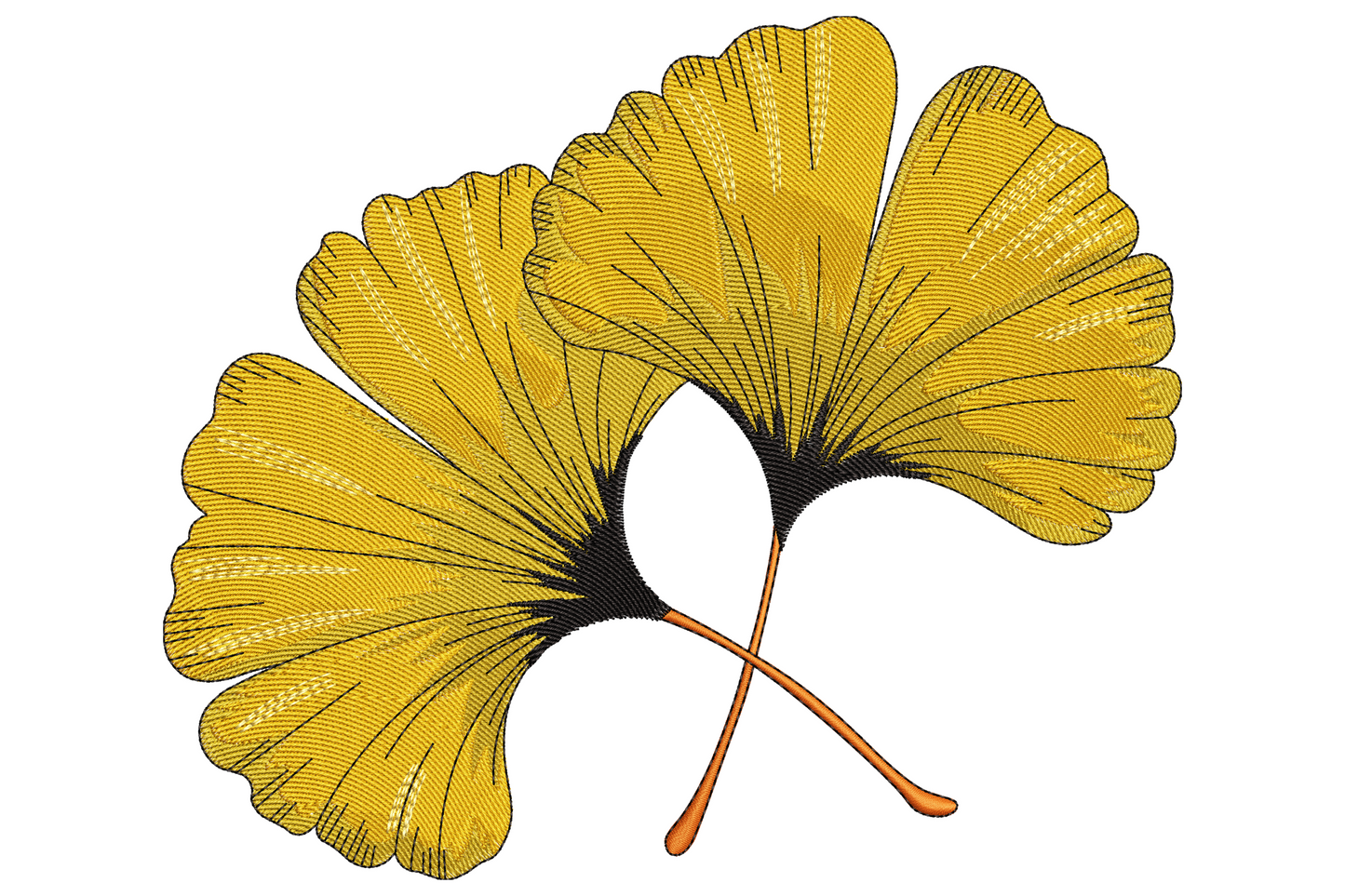 Ginkgo leaf cluster embroidery with fan-shaped leaves in sage green, olive and warm gold tones on a branching stem.