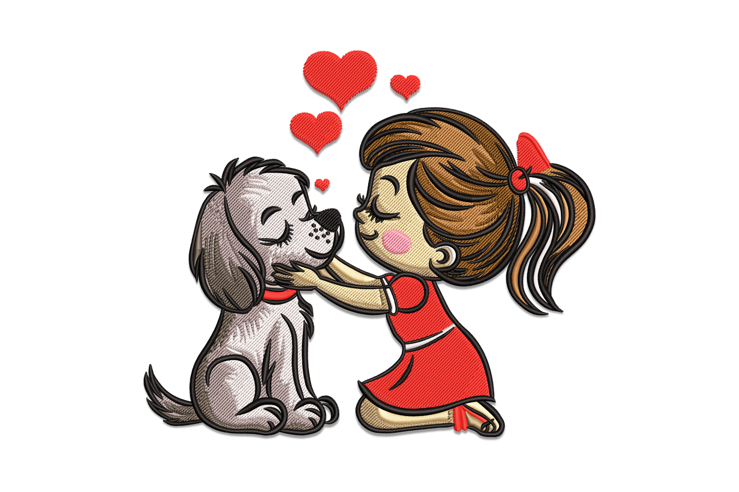Girl hugging puppy love embroidery design, cartoon girl in red dress kissing grey dog with floating hearts, 10-colour machine embroidery design.