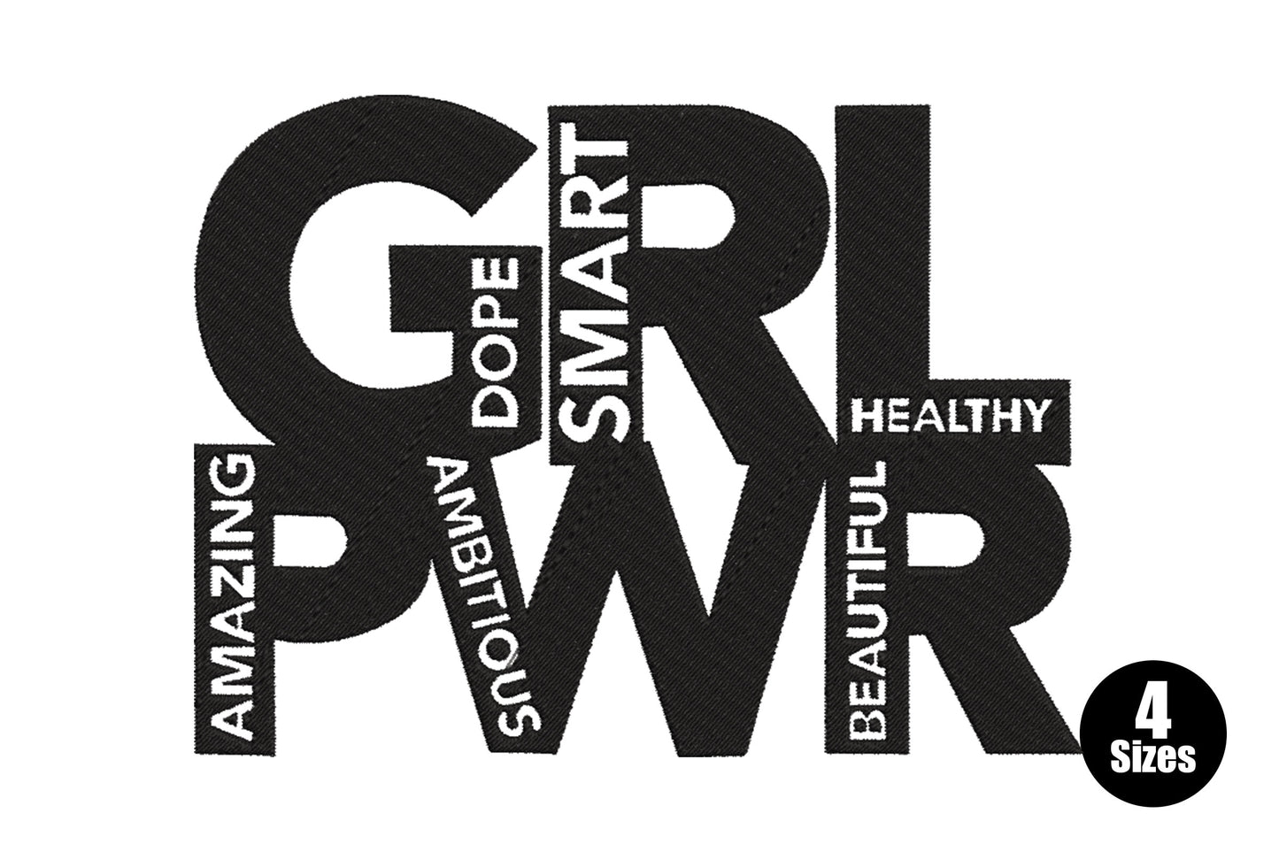 Grl pwr bold block letter embroidery with word banners for dope, smart, ambitious, amazing, healthy stitched inside the letterforms.