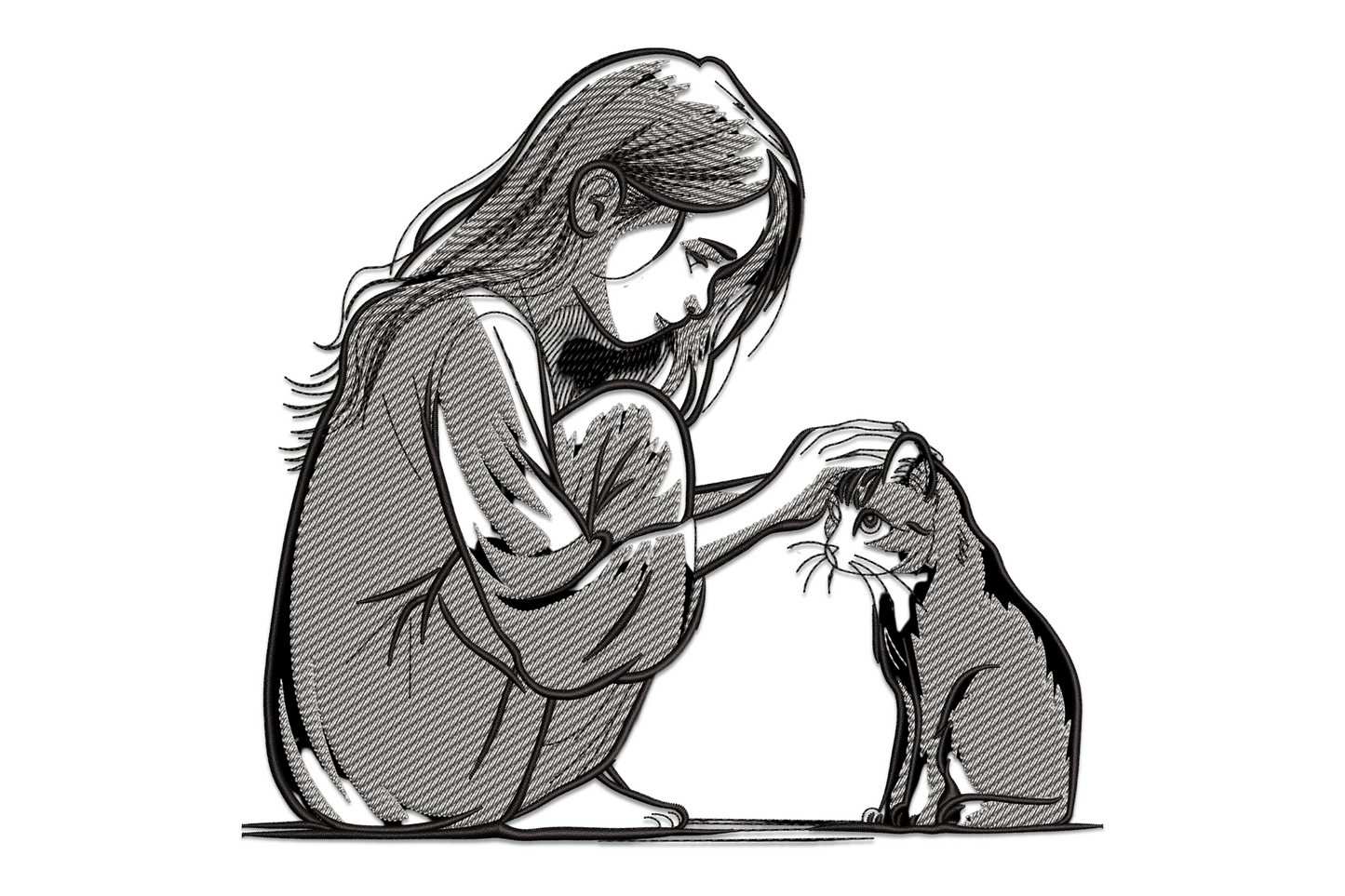 Girl and cat silhouette embroidery design in two colours, girl seated with cat in lap, clean line art style on white background.