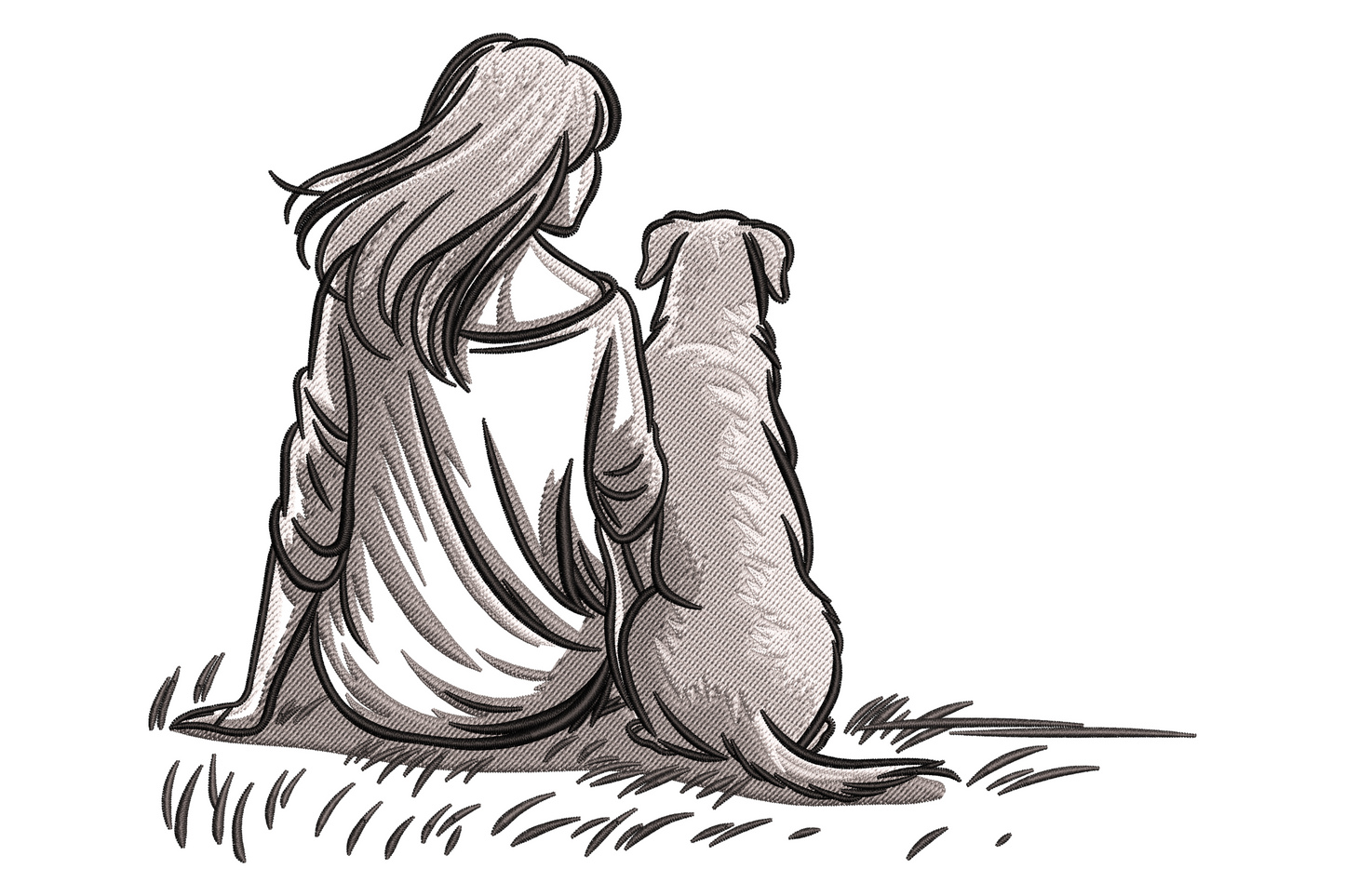 Girl and dog sitting together machine embroidery design, peach and chocolate brown figures in dusty rose on blush canvas