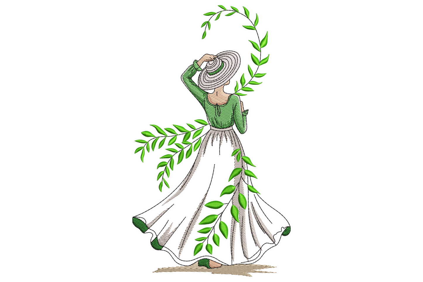 Girl with green leaves dress embroidery design, fashion sketch with sage and forest green fern vines wrapping a gown.