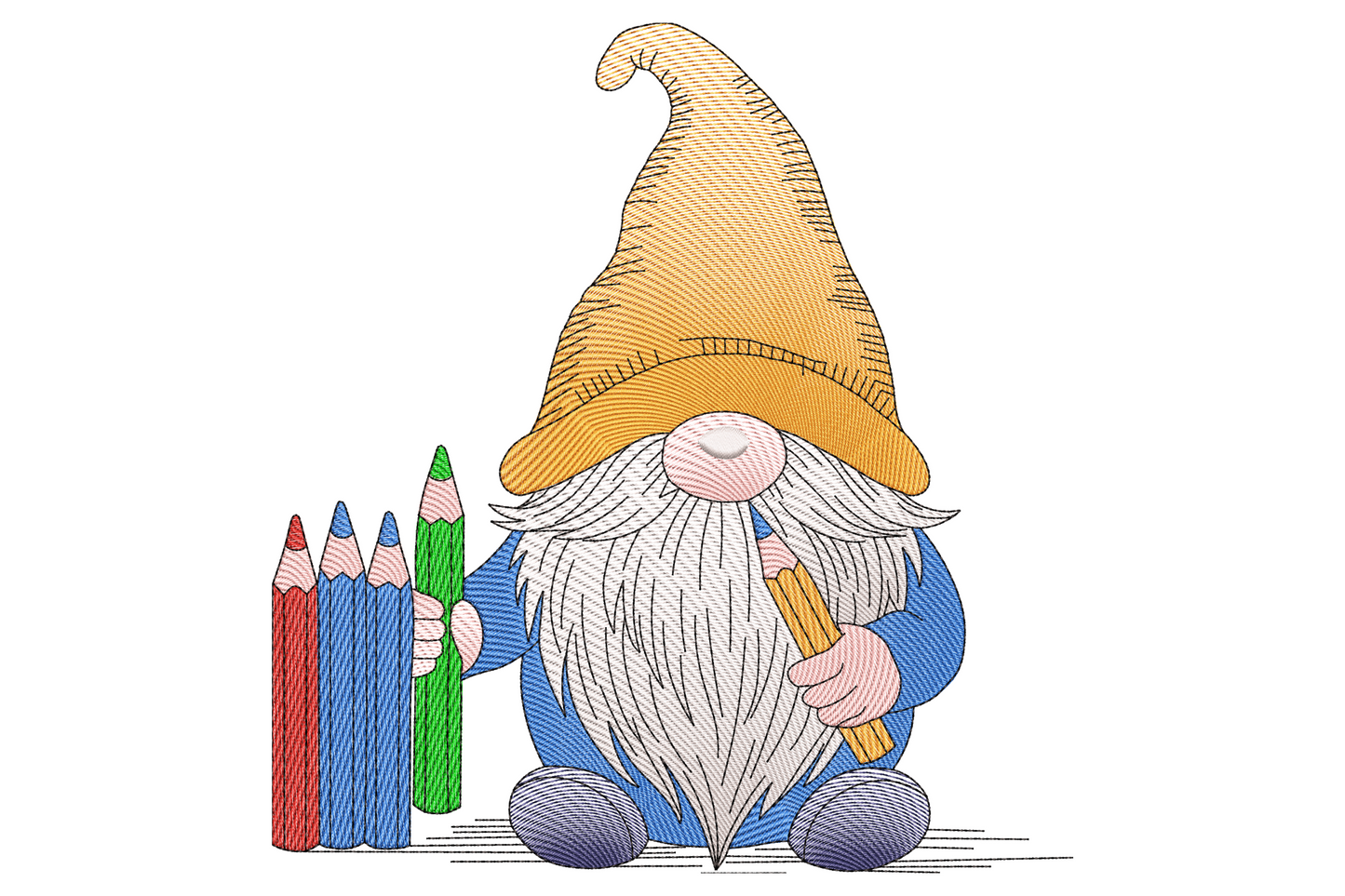 Cute gnome embroidery design with mustard yellow hat, long white beard and three coloured pencils in red blue and green.