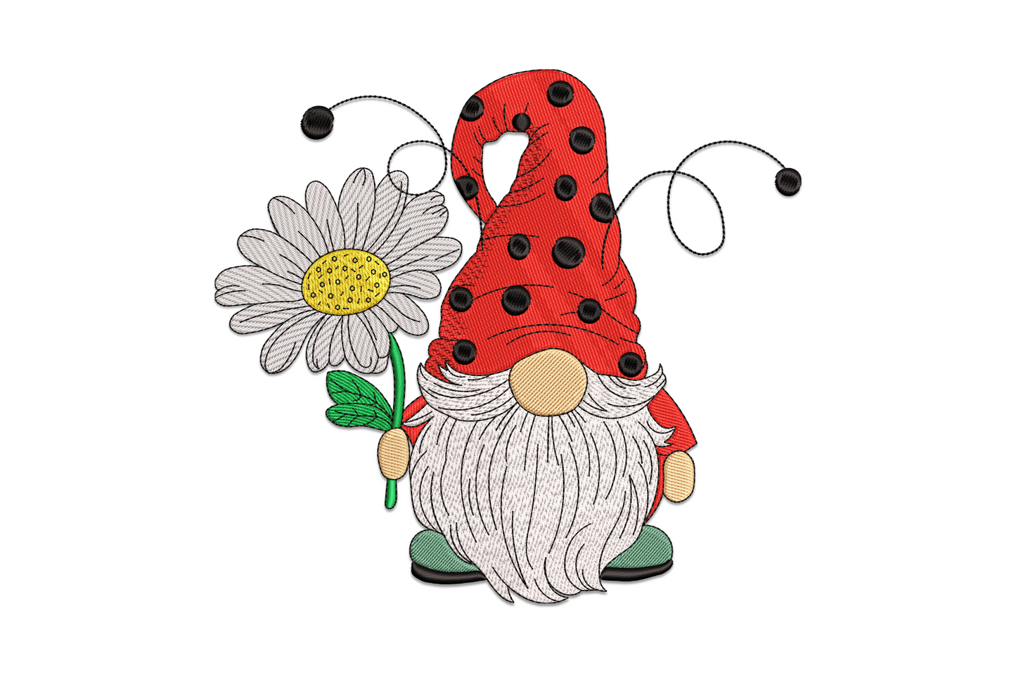 Spring garden gnome with tall red ladybug spotted hat black antennae bee wings holding a white daisy with yellow centre, cute cottagecore embroidery