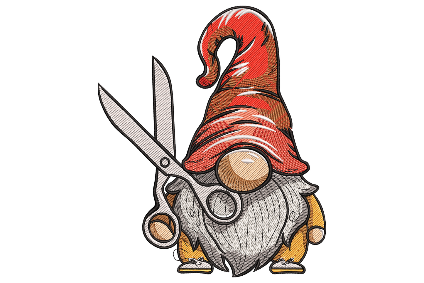 Sewing gnome embroidery design with swirly orange-red hat, holding silver scissors over cream beard and mustard tunic.