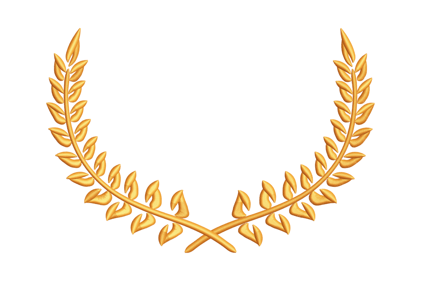 Golden classic laurel wreath embroidery design, symmetrical open branches in warm orange thread digitised in Wilcom EmbroideryStudio, 5 sizes from 3 to 7 inches.