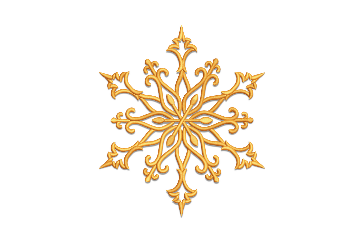 Golden ornate snowflake embroidery design with dense filigree filling every arm and diamond-point tips on cream linen ground.