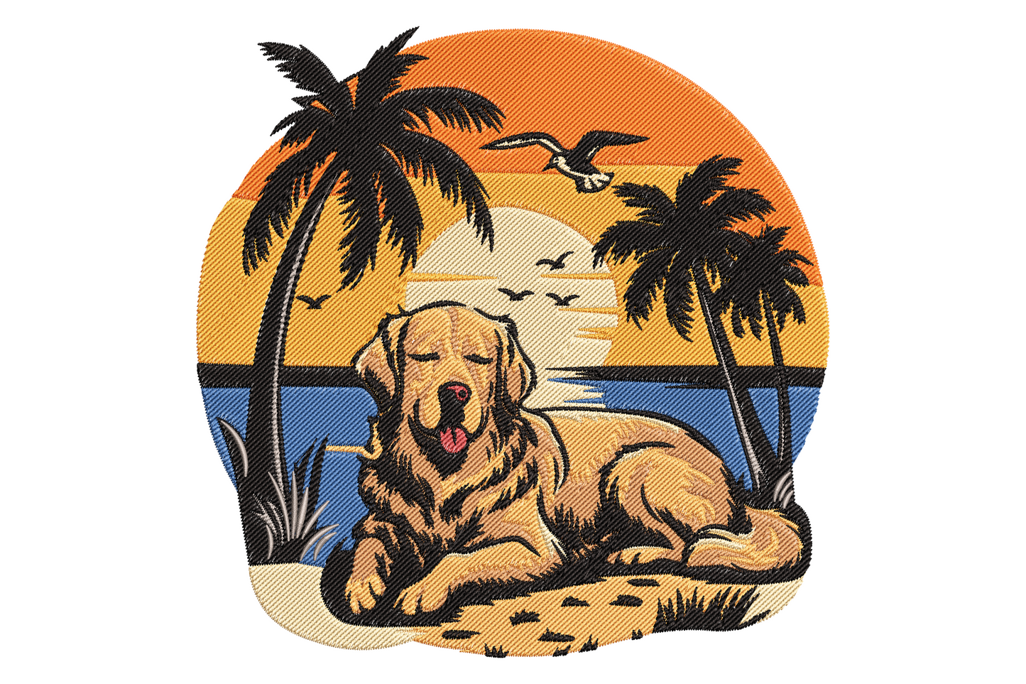 Golden retriever beach sunset embroidery design, retro circular badge with dog lying on sand, black palm tree silhouettes, orange sunset disc and cobalt blue ocean strip.