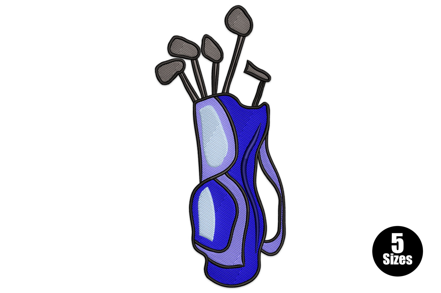 Tall narrow golf bag embroidery design with club heads on top, blue powder blue grey and navy palette.