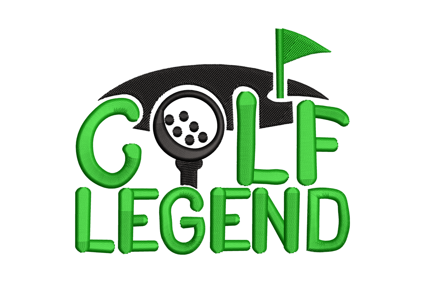 Golf Legend embroidery badge with dark green block lettering, golf ball tee replacing O in GOLF and small flag pin icon above.