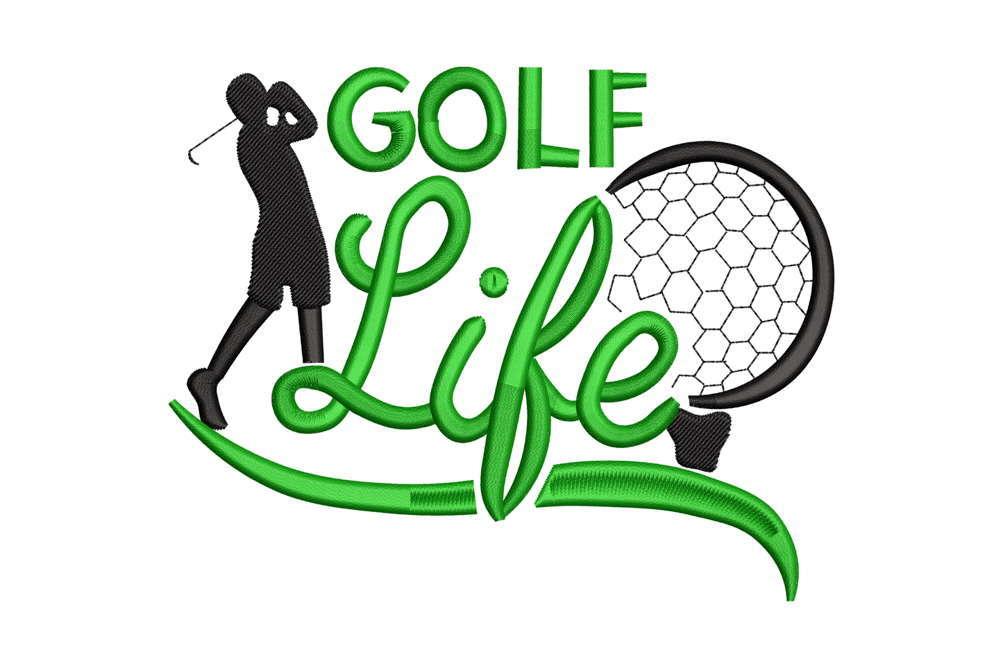 Golf Life embroidery design with black golfer swing silhouette, dark green block GOLF lettering and flowing Life script with golf ball.