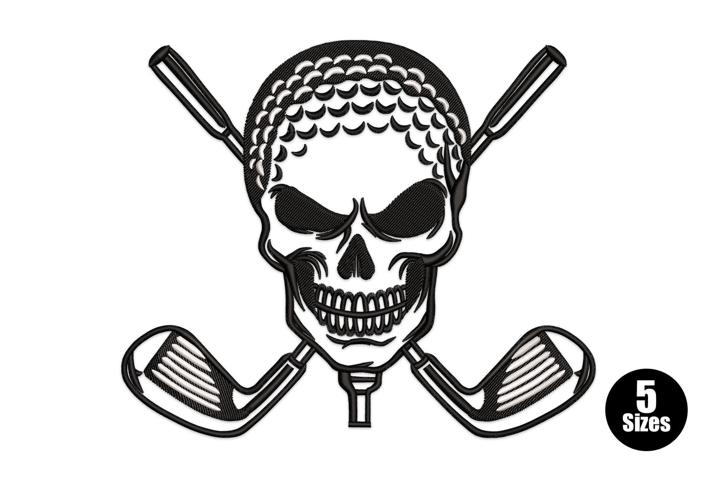 Golf skull crossed clubs embroidery design, dimpled golf-ball skull crown with crossed iron clubs and tee below the jaw.