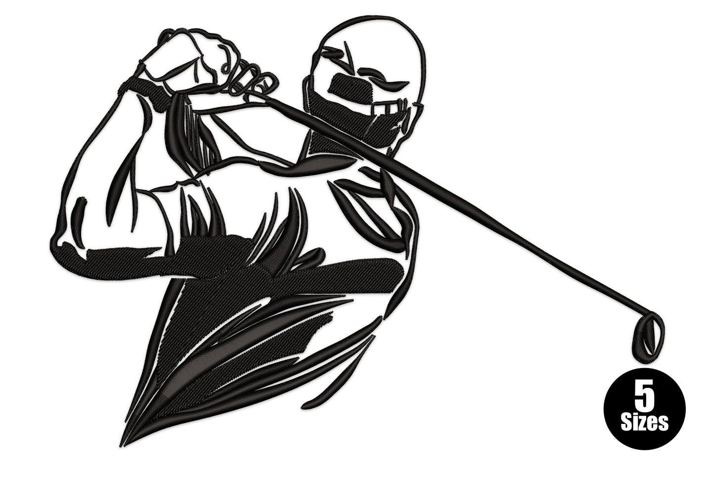 Golfer swing line art embroidery in black thread, side-on figure mid-swing with club extended and sketchy fill body.
