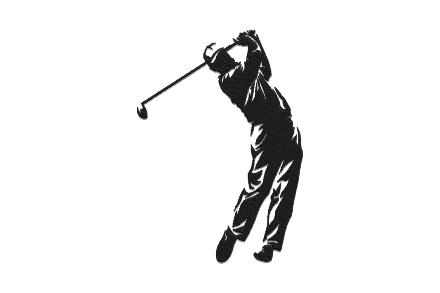 Golfer swing silhouette embroidery design, black thread, side-profile at top of backswing with scribbled sketch shading.