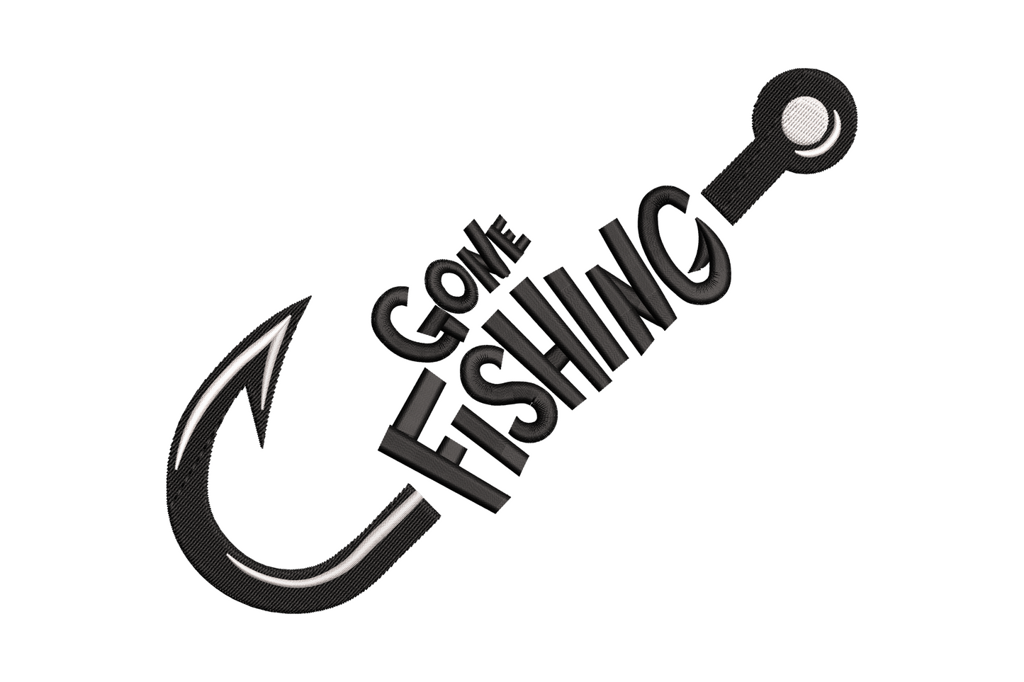Machine embroidery Gone Fishing typography merged with a J-shaped fish hook in black and grey on white background