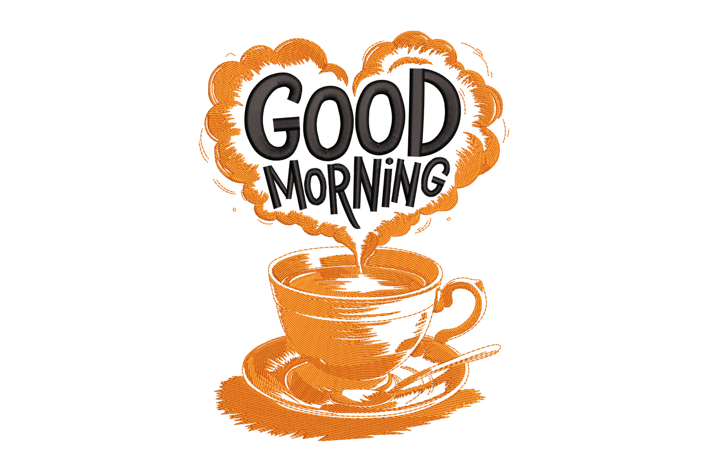 Orange coffee cup embroidery with steam forming a cloud containing GOOD MORNING block text, 2 colors orange and black