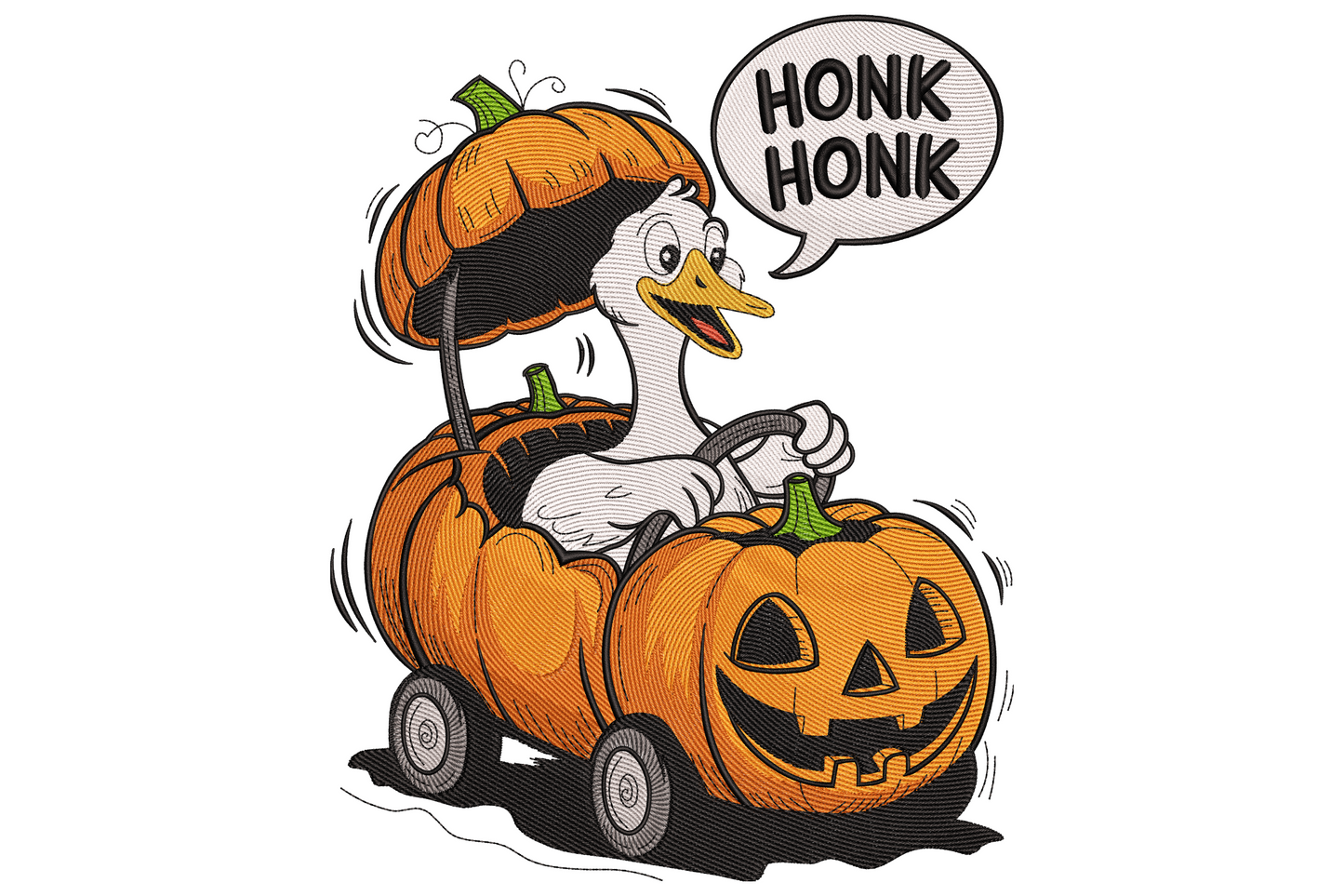 Cartoon white goose driving a hollowed-out pumpkin car with HONK HONK speech bubble and grinning jack-o-lantern halloween embroidery design