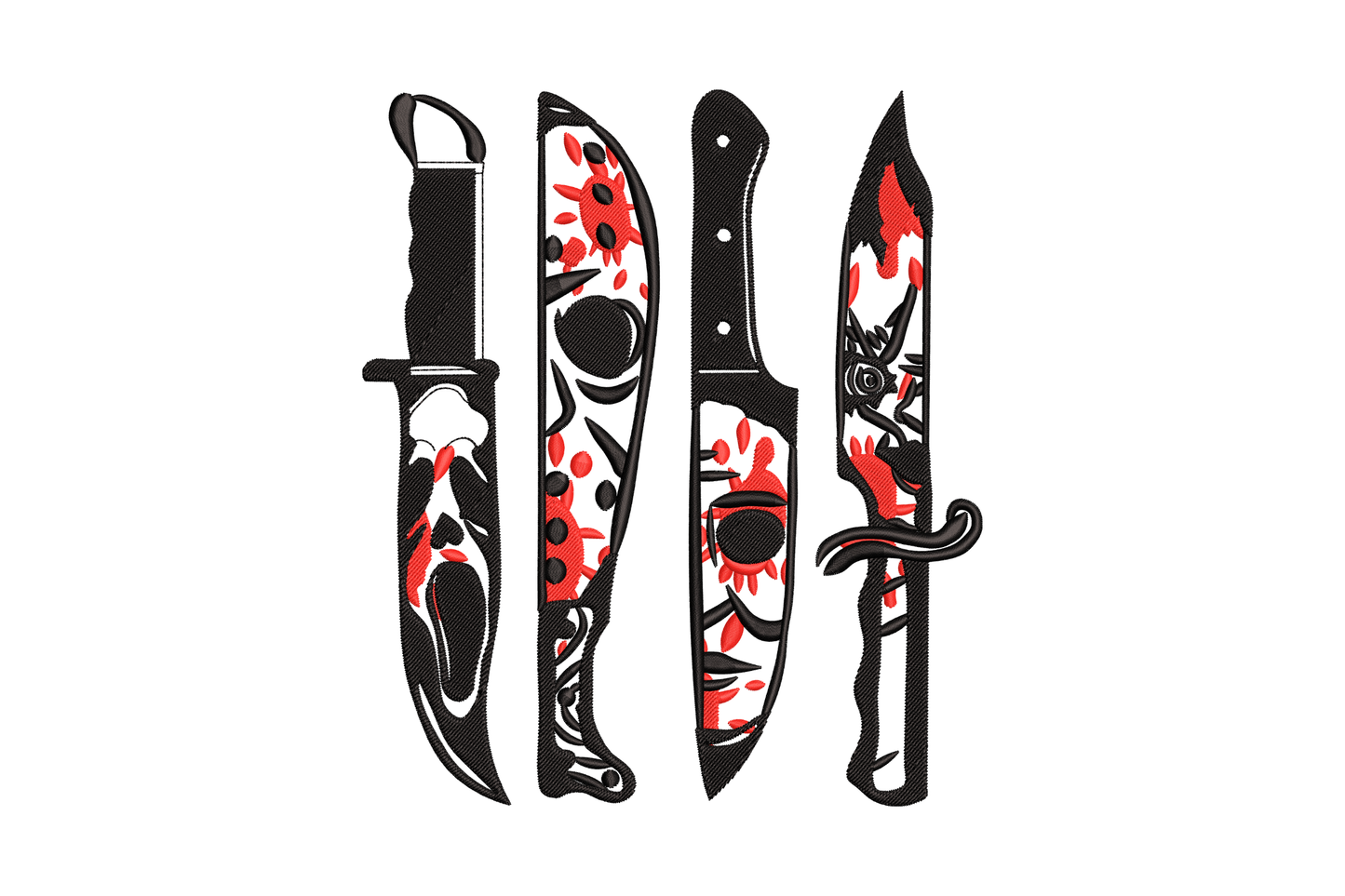Gothic floral blades embroidery design, crossed ornate daggers with gothic roses in silver and burgundy on black canvas