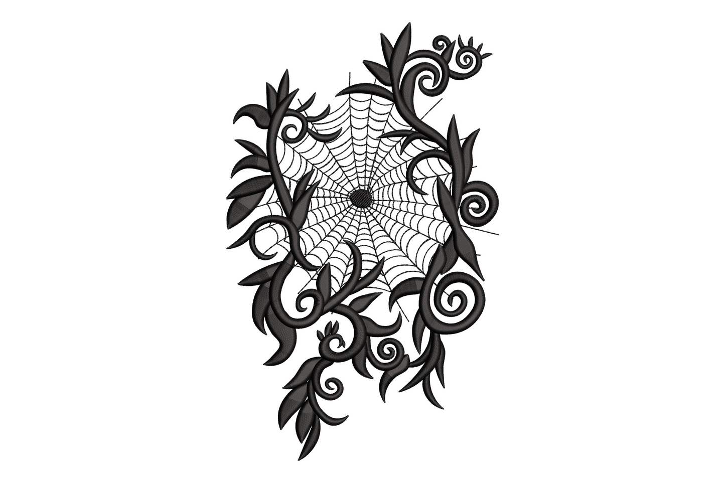 Gothic floral spider web machine embroidery design in single black thread with ornate vine border, shown on white fabric background, 6 sizes from 2.5 to 7.5 inches