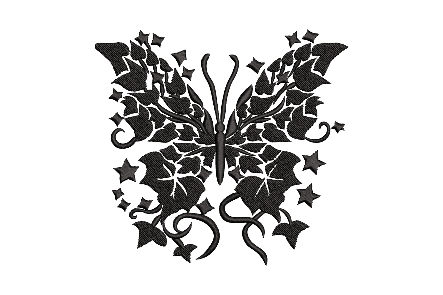 Gothic ivy butterfly silhouette embroidery design, black butterfly wings filled with dense ivy leaves, pointed stars and curling vine tendrils