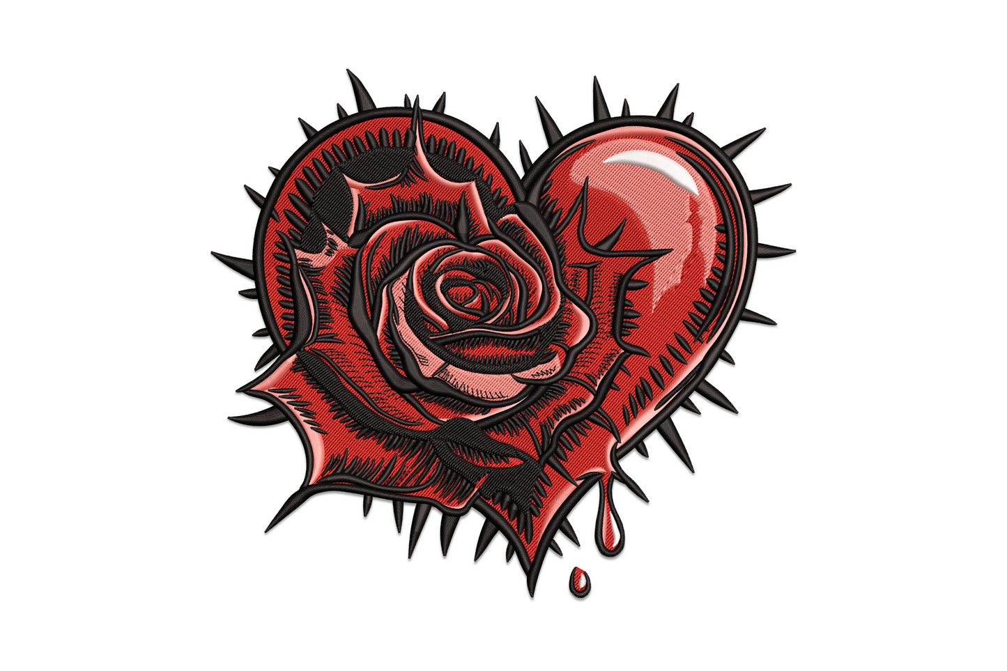 Gothic rose heart embroidery design with dense crimson blooms, thorned stems, and layered petal shading filling a heart shape, dark valentine floral