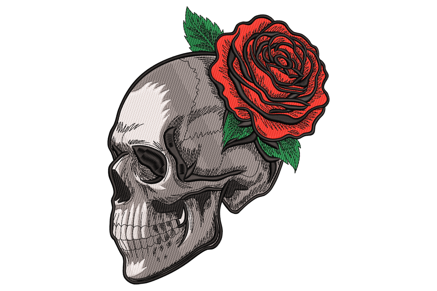 Gothic skull side profile with red rose and green leaves on the temple, old school tattoo flash style embroidery