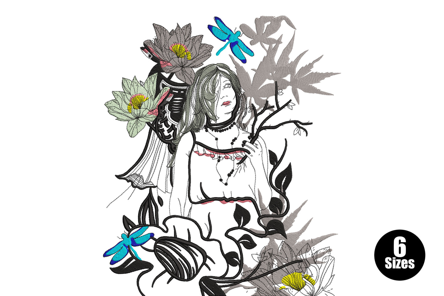 Gothic woman embroidery design with lotus flowers in green and yellow, blue dragonflies and black vine botanicals in dark fantasy illustration style.