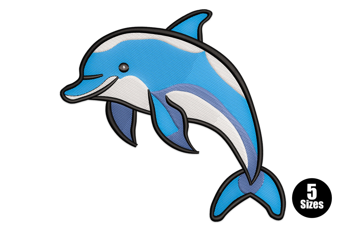 Graceful dolphin embroidery -- sleek arching dolphin in sky blue and navy, 4 colours, coastal illustration style