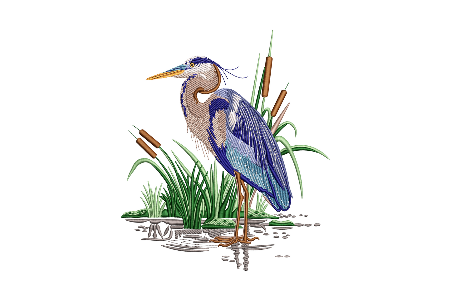 Great blue heron embroidery design showing a standing heron with 14 colours including slate blue-grey body, cream neck, rust face stripe and long wispy chest plumes.