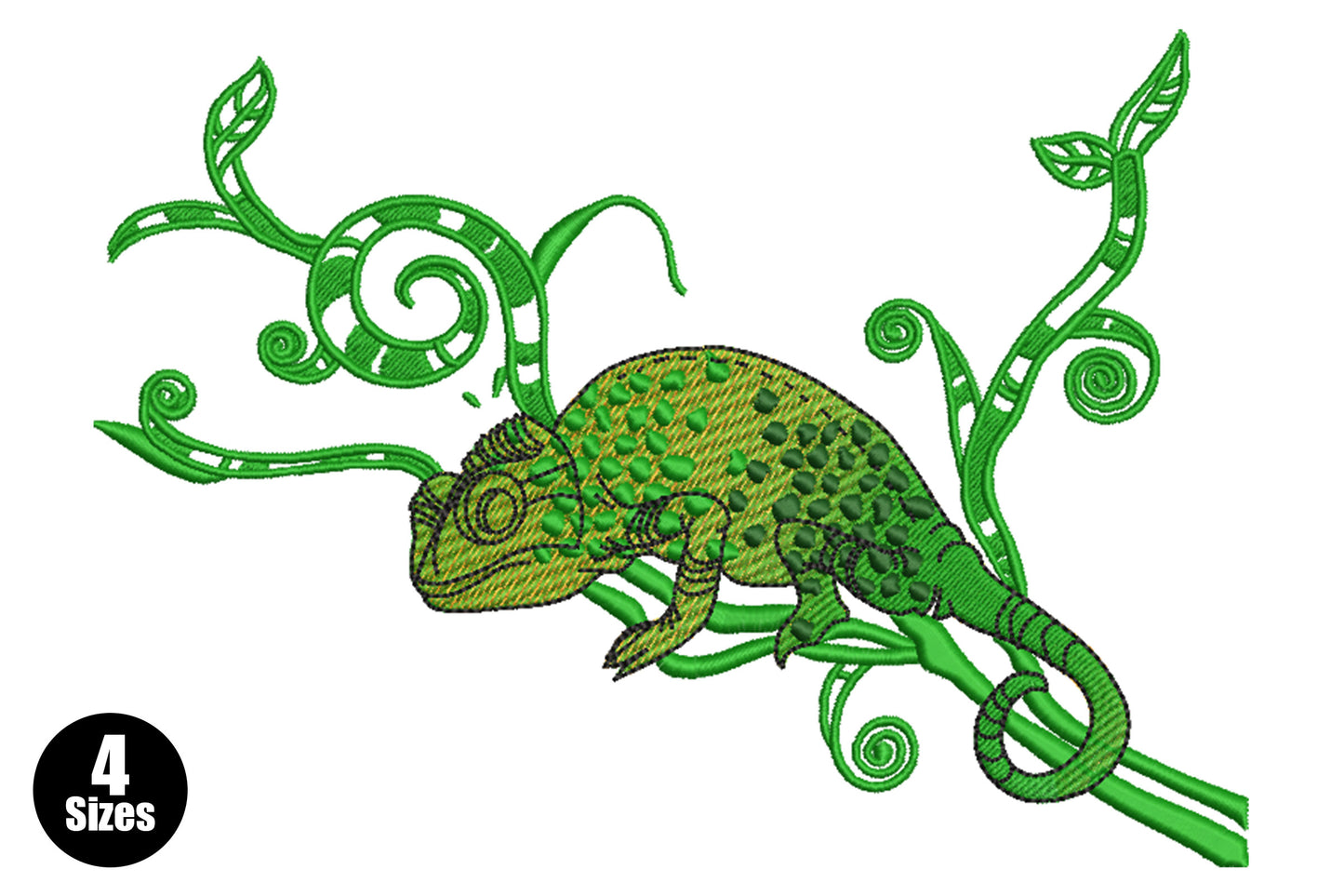 Green chameleon embroidery design perched on a decorative swirling vine, amber-yellow body with dark green scale spots and bright grass-green botanical scrollwork.