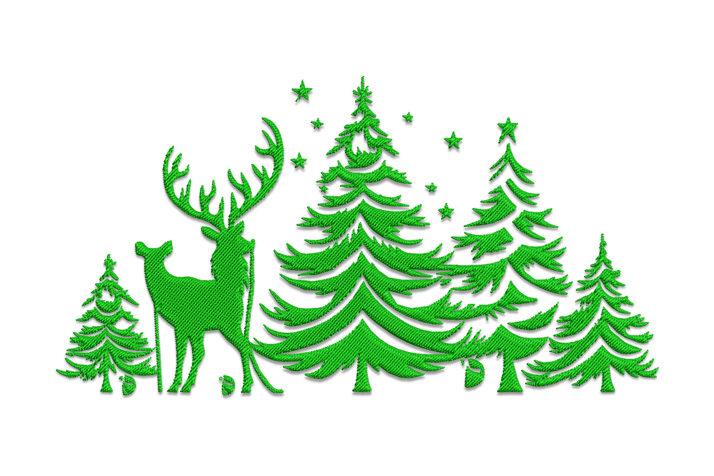 Green christmas deer and pine forest with star lights and ornament dots, wide silhouette, single dark green embroidery.