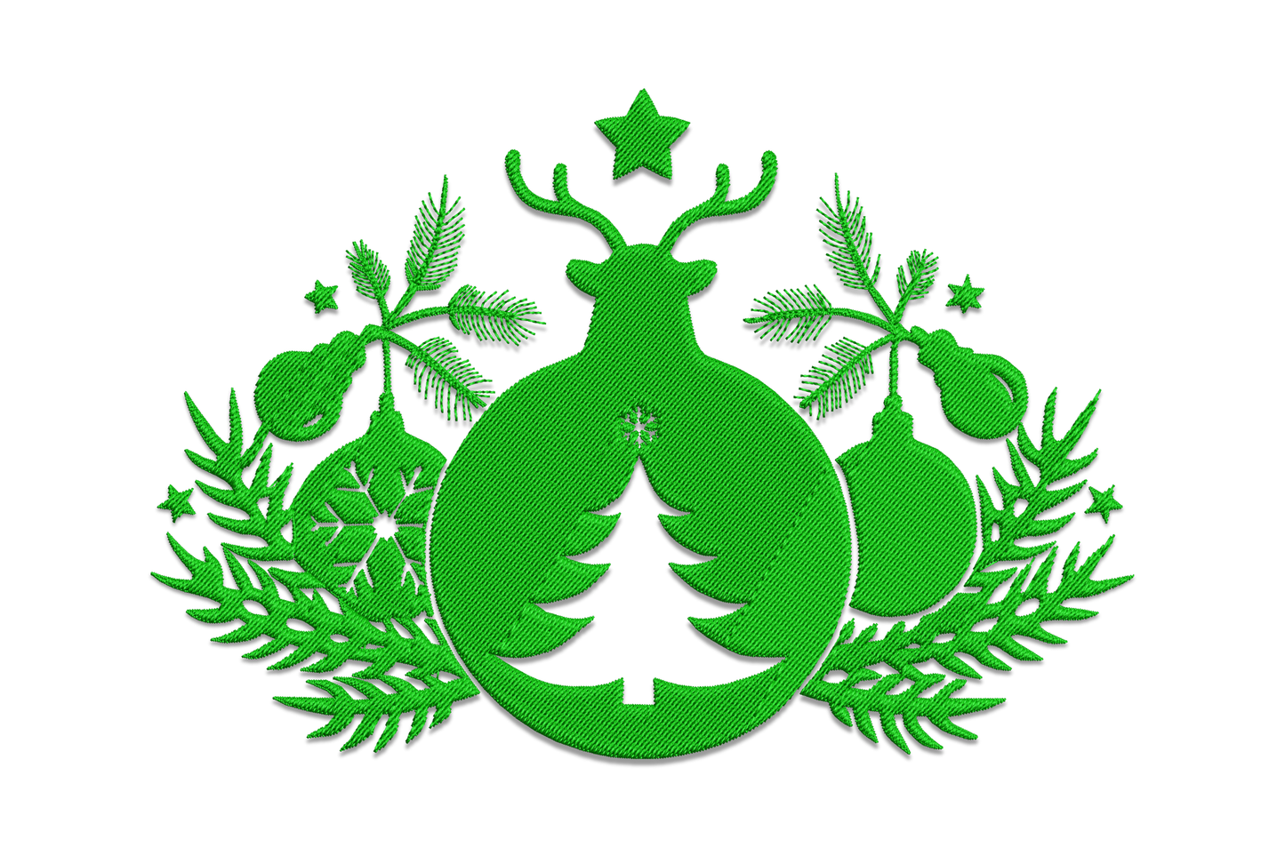 Green christmas ornament with reindeer and antlers, pine sprigs and star, silhouette style, single dark green embroidery.