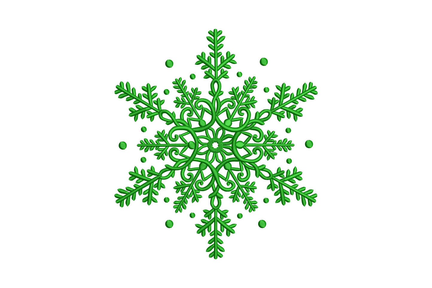Green Christmas snowflake embroidery, ornate scrollwork centre and feathered fern arms in satin stitch, 5 sizes single colour