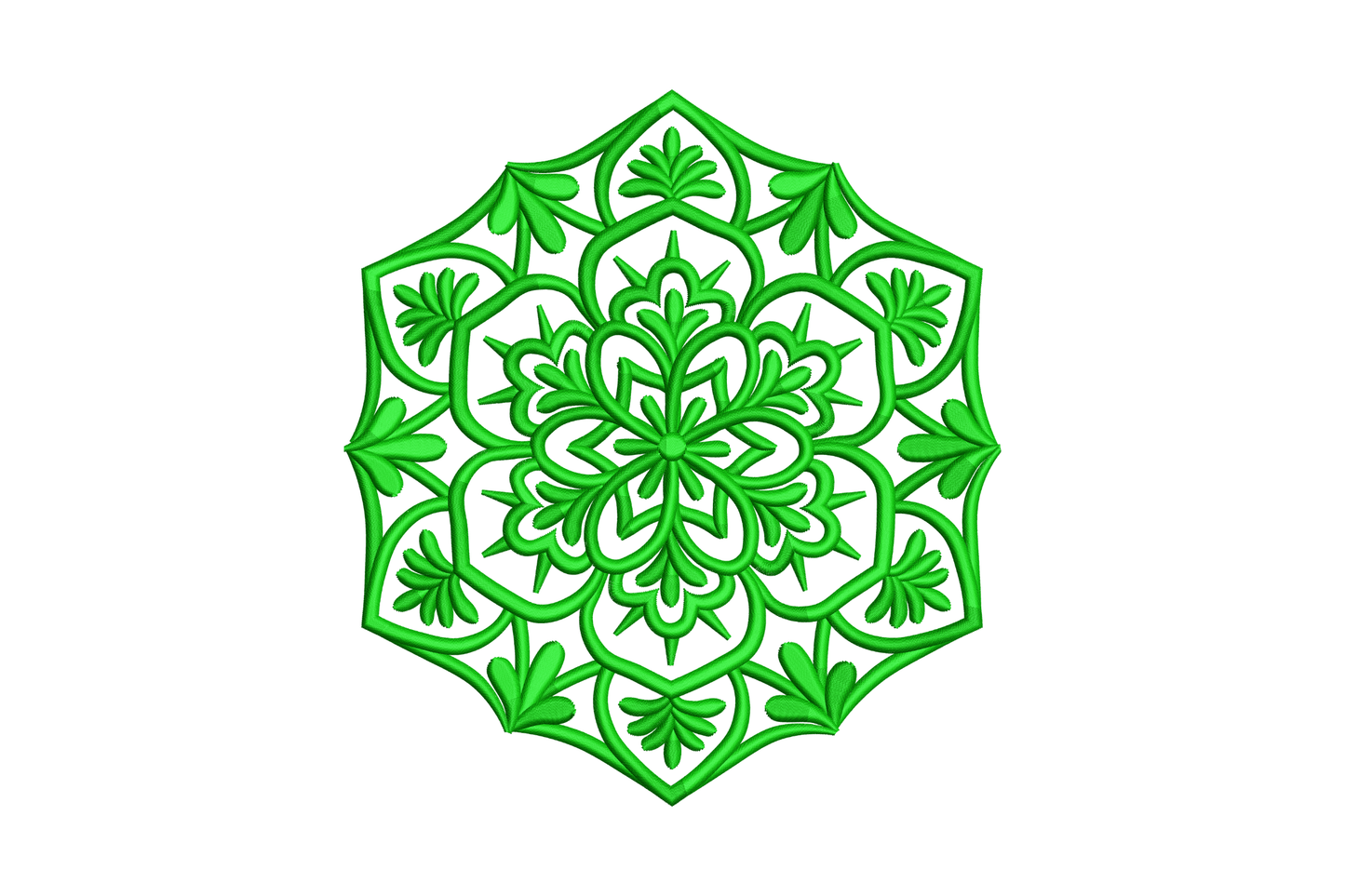 Single-colour green geometric mandala embroidery with hexagonal border and botanical floral fills on white background