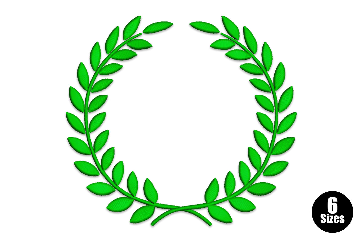 Green laurel wreath embroidery design, full closed circle of dark green filled laurel leaves with symmetrical branches crossing at the base.