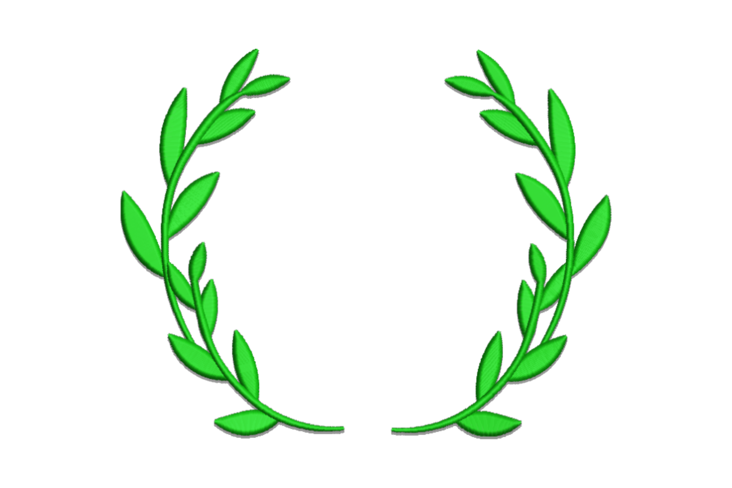 Green laurel circle frame embroidery design, two facing dark green leaf branches forming an open circular wreath with empty centre.