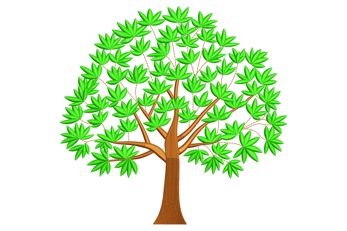 Green leaf tree embroidery design with full rounded canopy of maple-style leaves and brown trunk, 2 colours, 9 sizes.