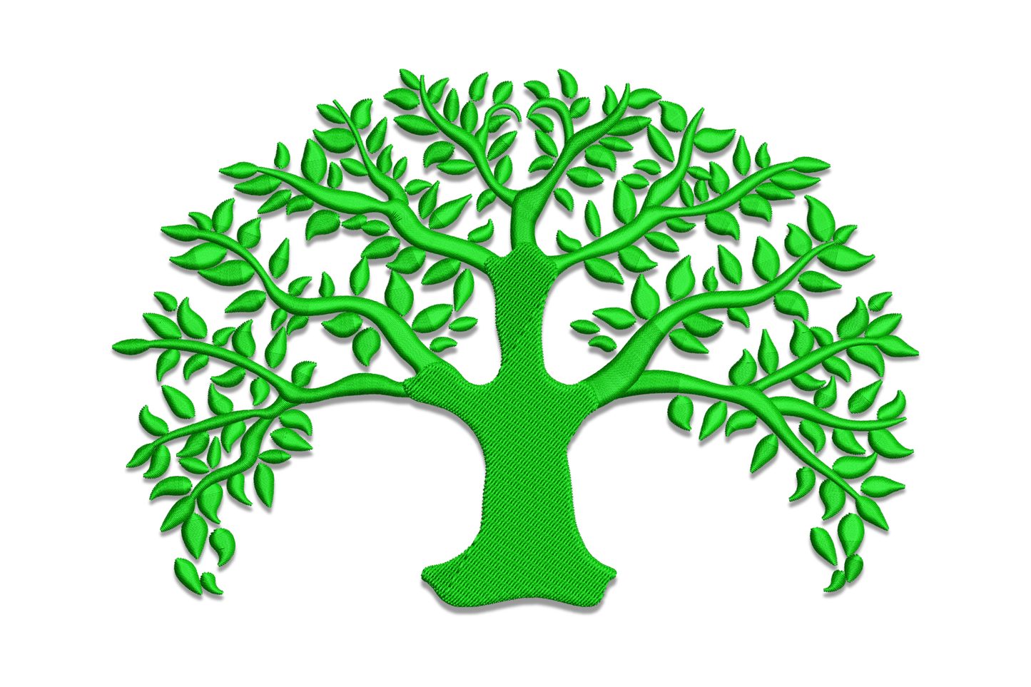 Solid dark green tree silhouette embroidery with wide spreading organic canopy outline and short sturdy trunk, single color dense tatami fill, clean nature design