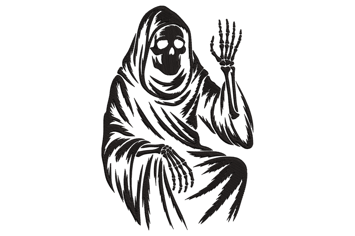 Single-colour grim reaper skeleton silhouette in hooded robe with scythe raised, tall narrow composition, vintage woodcut style line work on white background.