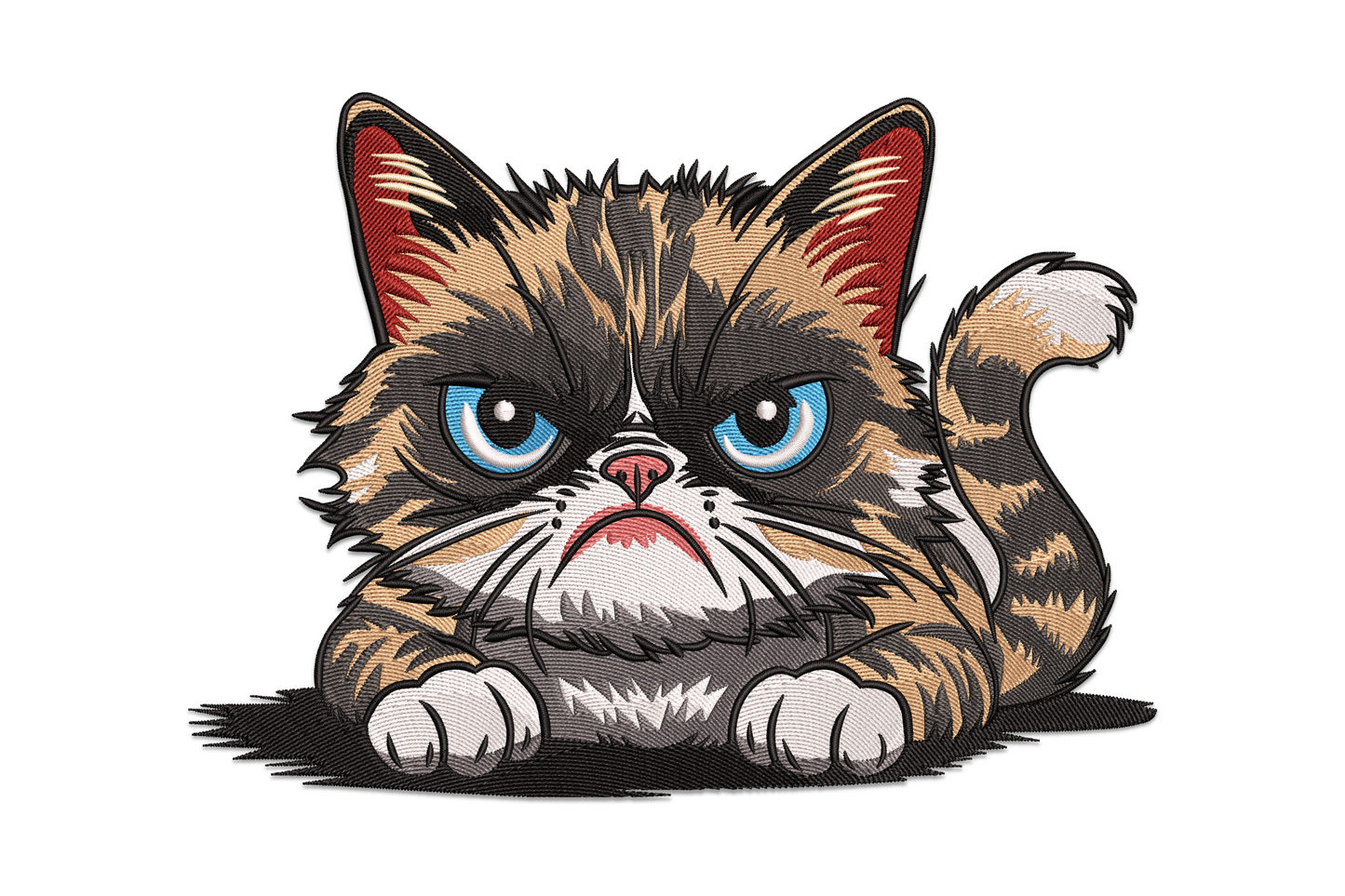 Grumpy cat face embroidery design with nine colour realistic fur in directional fill, scowling expression and squinting eyes, close-up portrait format