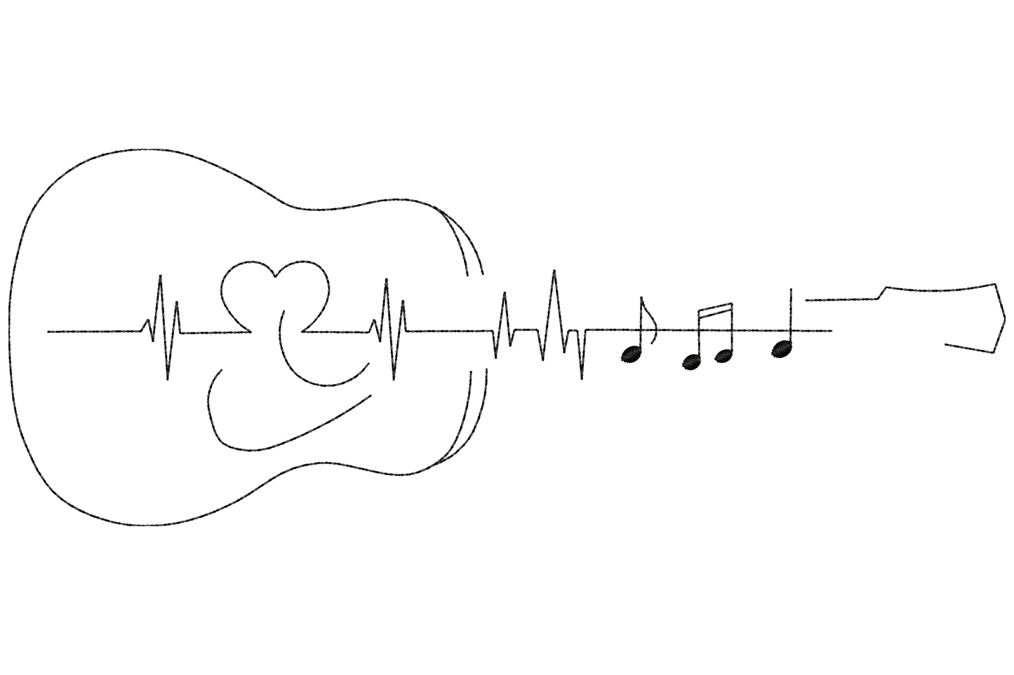 Guitar heartbeat line art embroidery, guitar silhouette merging into EKG pulse wave, single colour, minimal outline design.