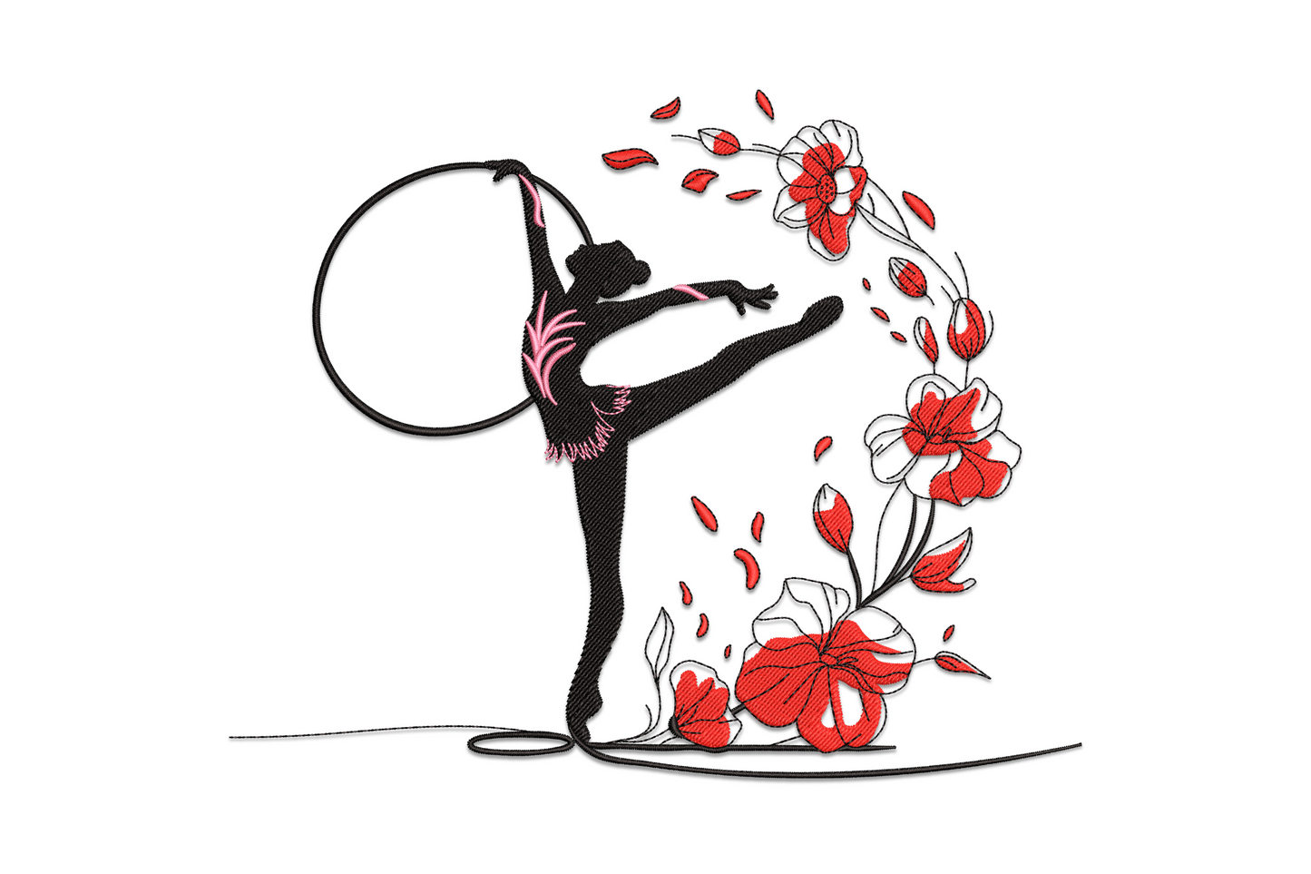 Gymnast hoop floral embroidery design, arched gymnast figure with circular hoop and small flower sprigs, 3 colours in coral, black and white thread