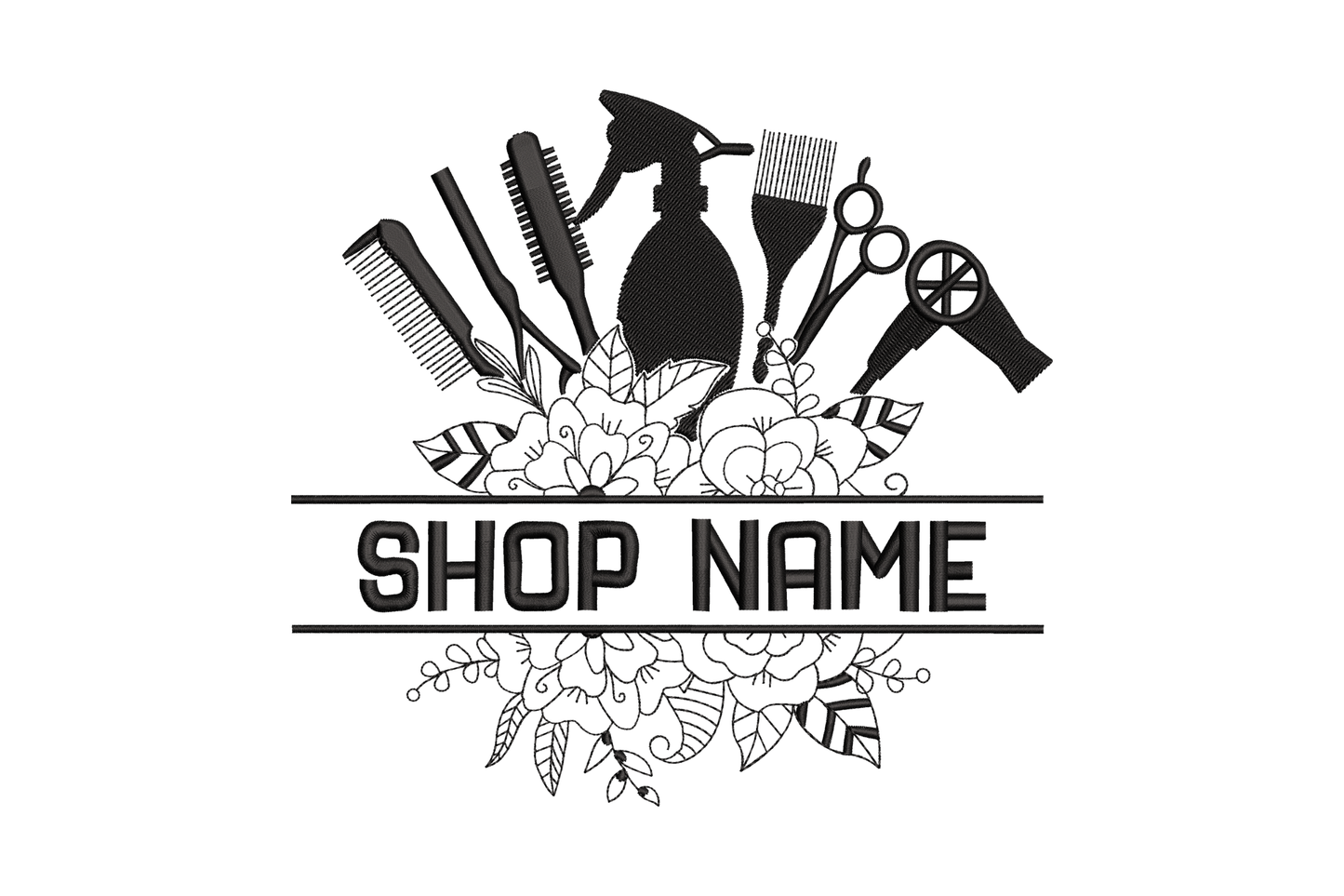 Hair salon tools silhouette embroidery design with combs, scissors, spray bottle and dryer arranged above a floral wreath