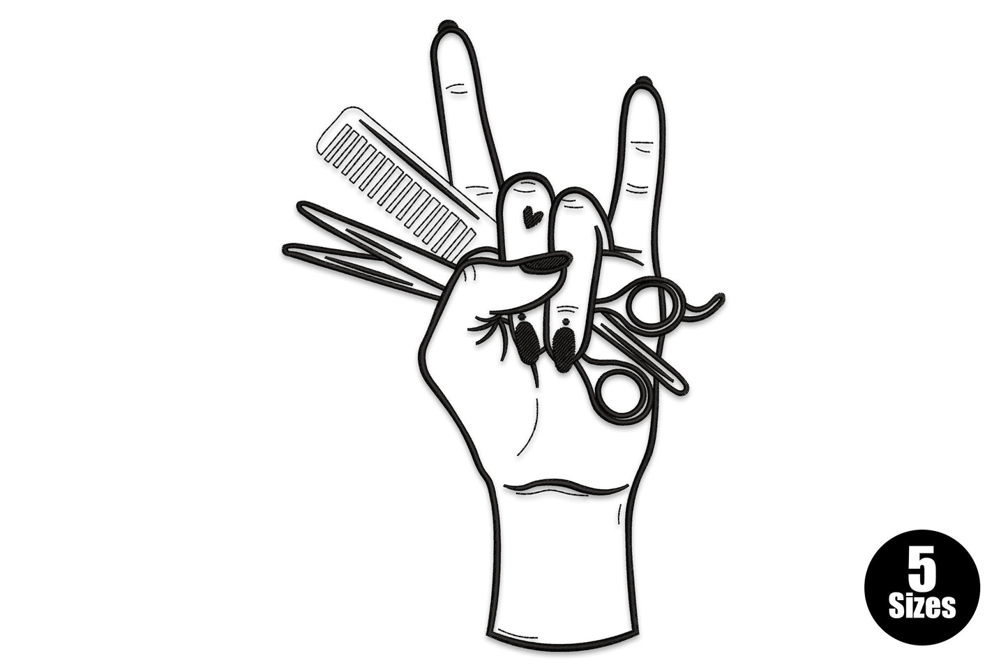 Peace hand sign hair stylist embroidery in 1 colour, minimal silhouette salon design for aprons and beauty tees